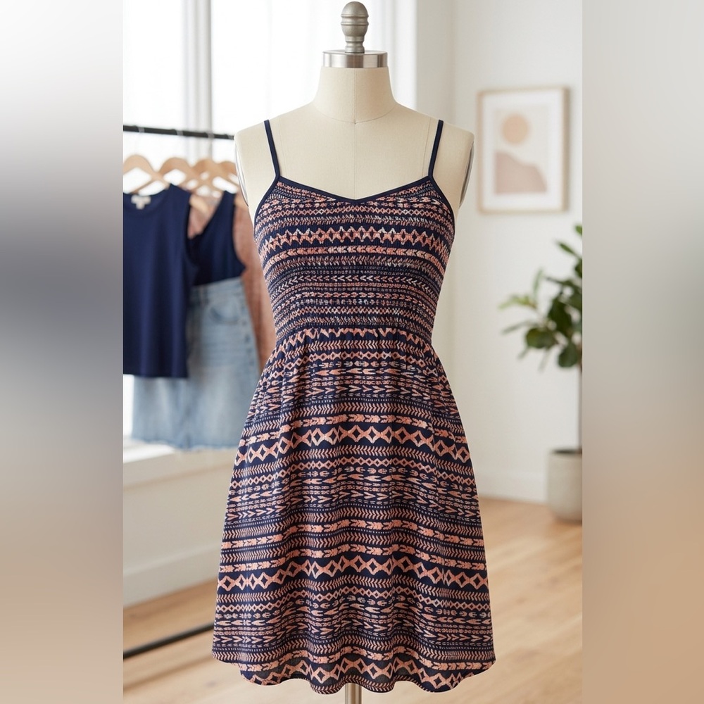 Navy & Peach Printed Spaghetti Strap Mini Dress XL